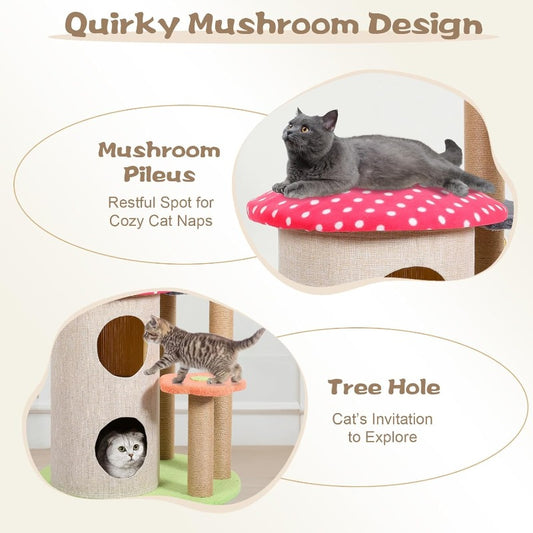 42.9in Flower Cat Tree Cute Cat Tower with Sisal Scratching Posts for Small Indoor Cats Mushroom Modern Cat Condo for Kittens Red, Kitten Play Area, Pet Furniture, Playful Pet Design, Stylish Pet Decor, Durable Scratching Posts, Petsafe Materials