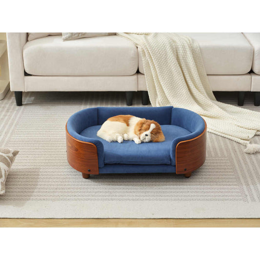 Scandinavian Modern Elevated Dog Bed & for cat Sofa - Dark Blue Velvet Pet Bed with Solid Wood Legs & Walnut Bent Back, Small Space-Saving Design for Small Dogs & for cats, Easy Assembly, Durable Fiberboard Frame, Cozy Raised Bed for Indoor Pets