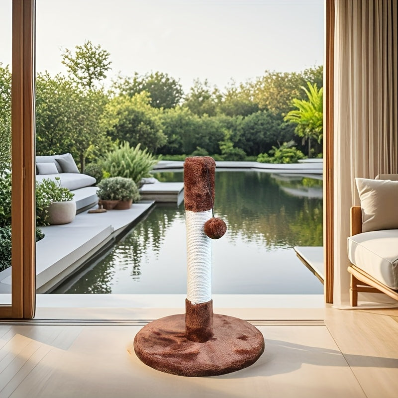 1pc 13.3 Inch Cat Scratch Post Durable White Sisal Rope Cat Scratch Post Play Tower With Wooden Base For Cat Grinding Paws, Play Hanging Toys Included