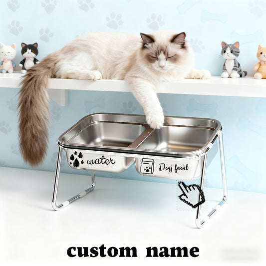 Stainless Steel Double Bowl with Anti-Tipping Design & Detachable Lid - Heavy-Duty Pet Food & Water Bowl for Cats & Dogs, Spill-Proof Feeding Station with Custom Name, Raised Base For Easy Cleaning, Durable & Hygienic