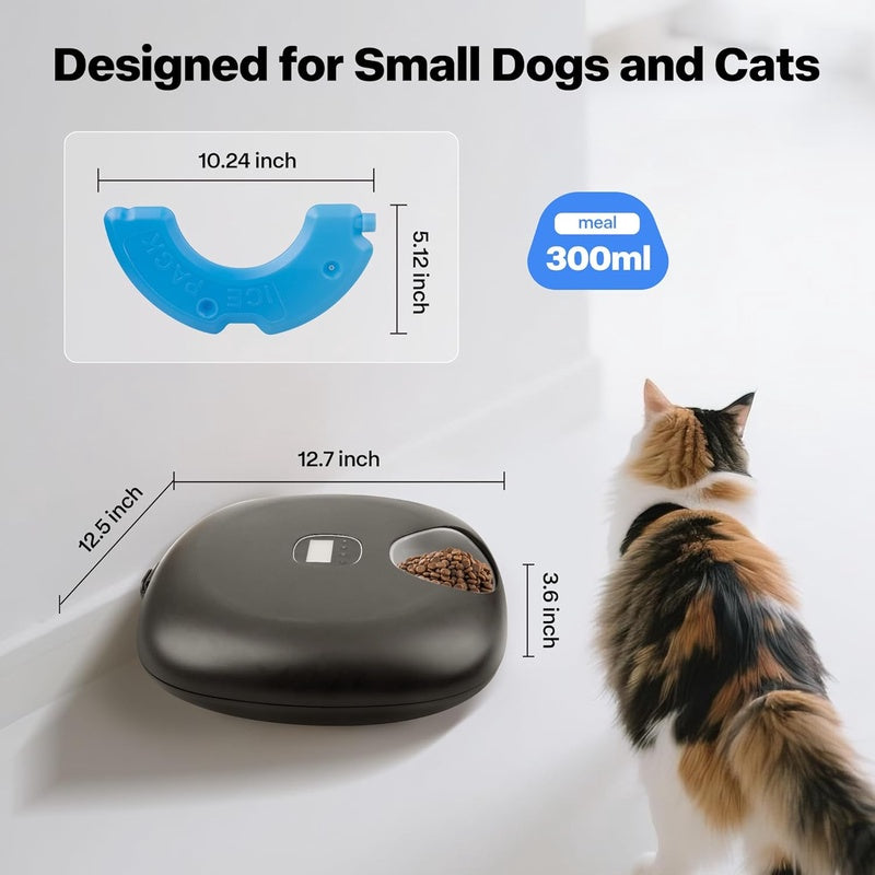 PetPrime 6 - Meal Auto Cat Feeder 2 Ice Packs, Cordless Rechargeable, for Cats Small Dogs Wet Food Dispenser Black