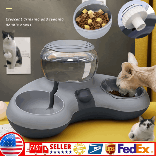 Automatic Refillable 2-in-1 Smart Pet Feeder and Water Dispenser System with Slanted Bowls for Dogs & Cats - Gravity-Fed Wet\Dry Dish, No Required, for cat\dog and water