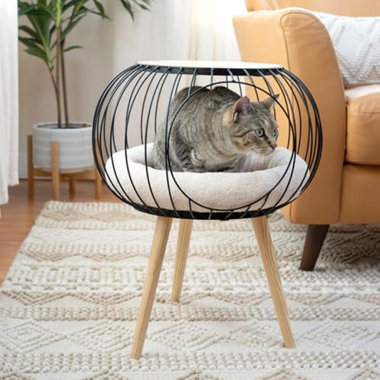 Kitty City Modern Cat Bed with Matching Wooden Table - Sherpa-Padded Cozy Cat Furniture, Durable Rubberwood Frame & Compact Design for Cats, Stylish Bed for Décor, Suitable for all Rooms (, Bedroom)