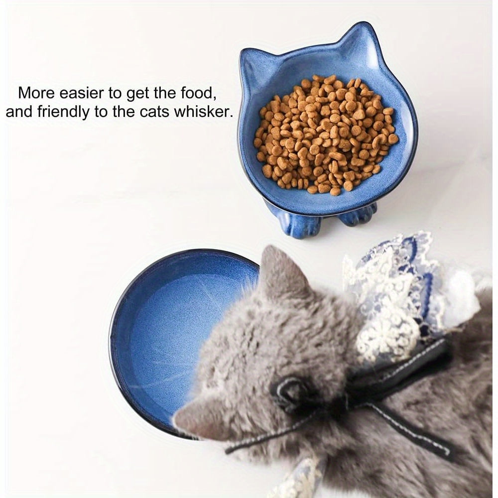 Elevated Cat\Dog Bowls Set: 5 Inch Ceramic Raised Cat Food and Water Bowl Set for Protecting Pet'S Spine- Feeding& Watering Supplies for Pets- Elegant Blue& Black (2pcs)