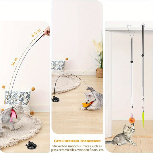 14pcs Cat Plush Interactive Toys Kicking Toys Cat Stick Toys for Indoor Cats, Self-adhesive Suction Base Removable 10pcs Replacement Parts 2 Sticks Hanging Door Kitten Toys High-quality Materials Suitable for Most Cats to Play