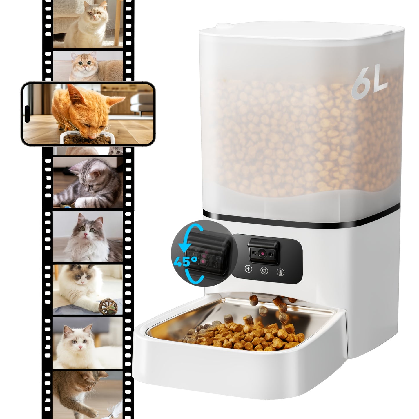 1.59gal Automatic Cat and Dog Feeder with Camera | Large Capacity, Adjustable Camera, HD Night Vision, Two-way Audio, Remote APP Control, Dual Power, Easy-to-Clean Stainless Steel Bowl, Wi-Fi Function, Without Battery