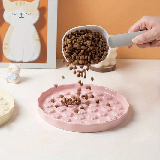 1pc Ceramic Cat Food Bowl & Slow Feeder Plate - Slow Eating Dish with Raised Edges, Durable Easy-Clean Design for Wet\Dry Food, Promotes Slower Eating & Digestion, Modern Pet Feeding Tray for Cats, Ideal for Multi-Cat Households (Pink&Green)