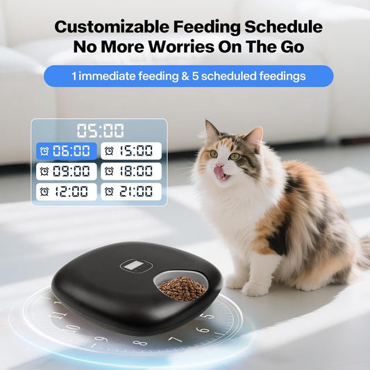 PetPrime 6 - Meal Auto Cat Feeder 2 Ice Packs, Cordless Rechargeable, for Cats Small Dogs Wet Food Dispenser Black