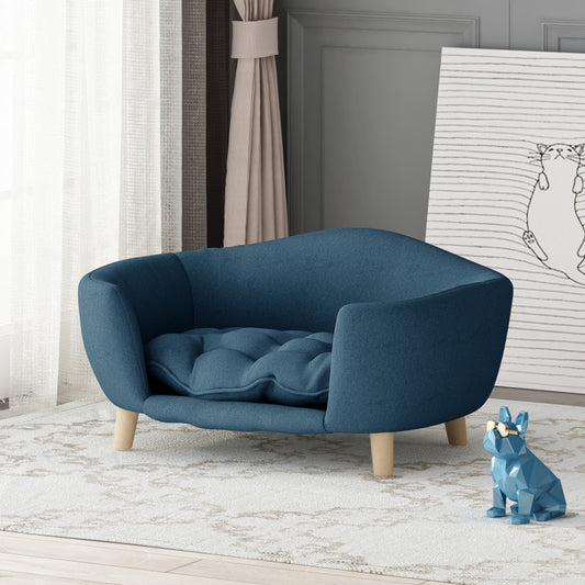 Modern Mid-Century Style Dog Bed with Plush Tufted Cushion - Soft, Durable & Easy to Clean - Birch Wood Legs - Ideal for Small, Medium & Large Breeds - Blue Upholstery - Minimalist Design for Cozy Home Decor