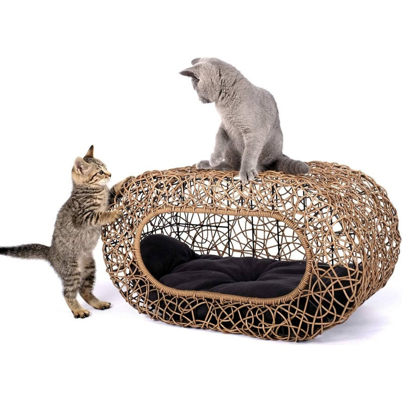Fun Stackable Cat Condo House - Interactive Faux Rattan Design with Enclosed Bed & Pet-Friendly Top Entry, Multi-Level Indoor Cat Shelter, Space-Saving Stackable Habitat for Small Spaces, No Assembly Required, Durable & Safe for Kittens & Adult Cats