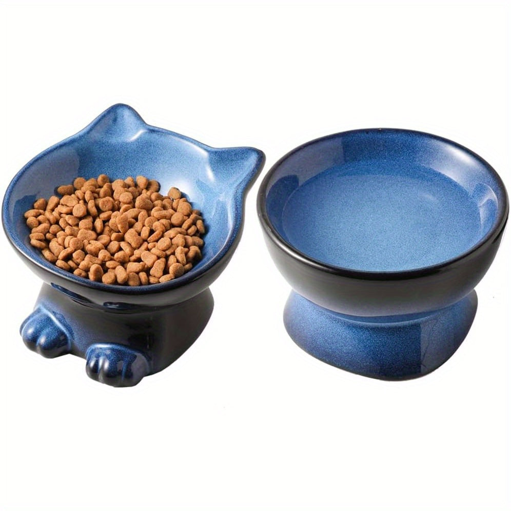 Elevated Cat\Dog Bowls Set: 5 Inch Ceramic Raised Cat Food and Water Bowl Set for Protecting Pet'S Spine- Feeding& Watering Supplies for Pets- Elegant Blue& Black (2pcs)