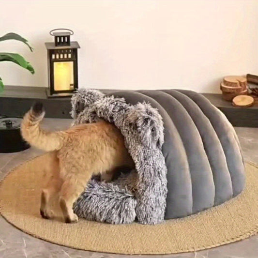 Winter Warm Velvet Pet Bed for Small Cats & Dogs - Thickened Windproof Cozy Cat House, Light Beige-Friendly Cold-Resistant Nest for Kittens and Puppies, Compact for home use