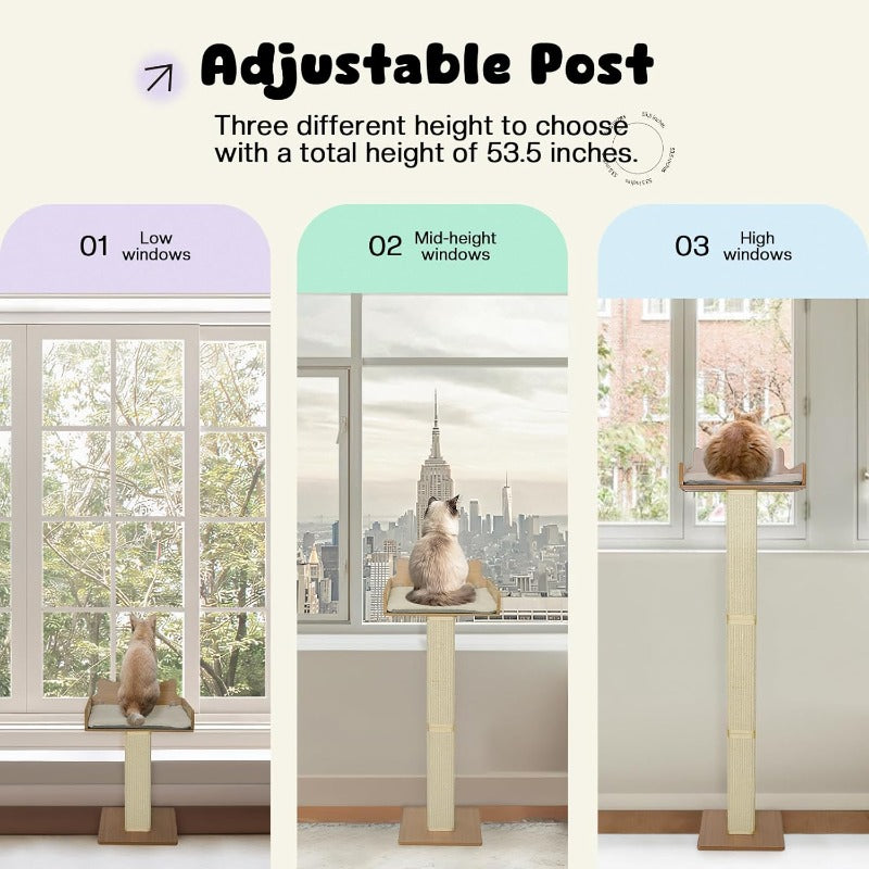 Cat Window Perch with Thick Sisal Scratching Post | Adjustable Tall Cats Scratching Post with 2 Upgrade Suction Cups, Fluffy Cushion Sisal