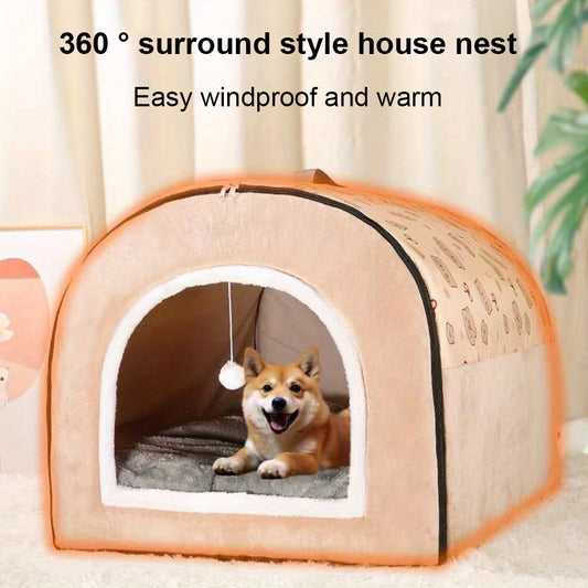 Warm Winter Dog House Mat & Cat Cave Bed - Cozy Detachable Washable Pet Shelter with Plush Polyester & Foam Padding, Soft Cushioned , Durable Design for Small Dogs & Cats - Indoor\Outdoor Use, Easy-Clean Pet Bed for Puppies and Kittens