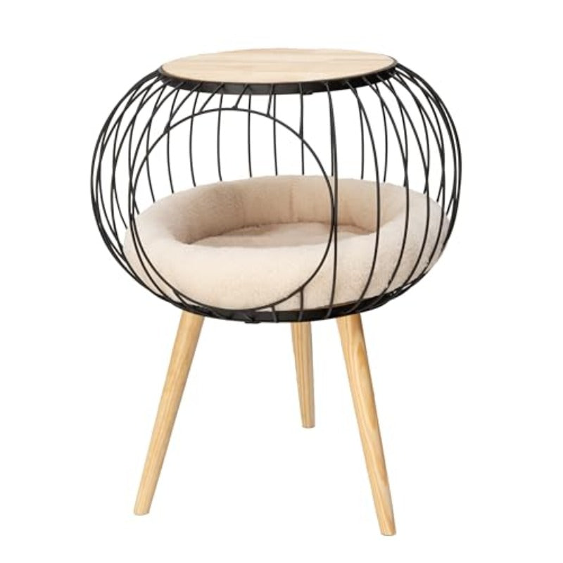 Kitty City Modern Cat Bed with Matching Wooden Table - Sherpa-Padded Cozy Cat Furniture, Durable Rubberwood Frame & Compact Design for Cats, Stylish Bed for Décor, Suitable for all Rooms (, Bedroom)