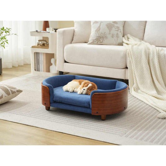Scandinavian Modern Elevated Dog Bed & for cat Sofa - Dark Blue Velvet Pet Bed with Solid Wood Legs & Walnut Bent Back, Small Space-Saving Design for Small Dogs & for cats, Easy Assembly, Durable Fiberboard Frame, Cozy Raised Bed for Indoor Pets