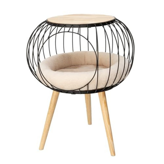 Kitty City Modern Cat Bed with Matching Wooden Table - Sherpa-Padded Cozy Cat Furniture, Durable Rubberwood Frame & Compact Design for Cats, Stylish Bed for Décor, Suitable for all Rooms (, Bedroom)