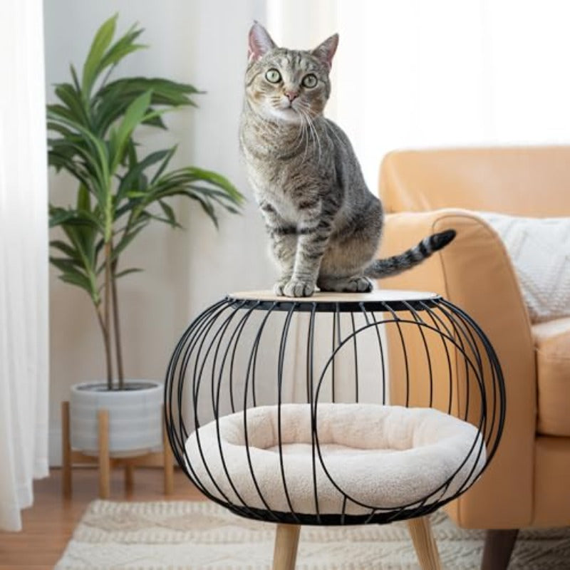 Kitty City Modern Cat Bed with Matching Wooden Table - Sherpa-Padded Cozy Cat Furniture, Durable Rubberwood Frame & Compact Design for Cats, Stylish Bed for Décor, Suitable for all Rooms (, Bedroom)