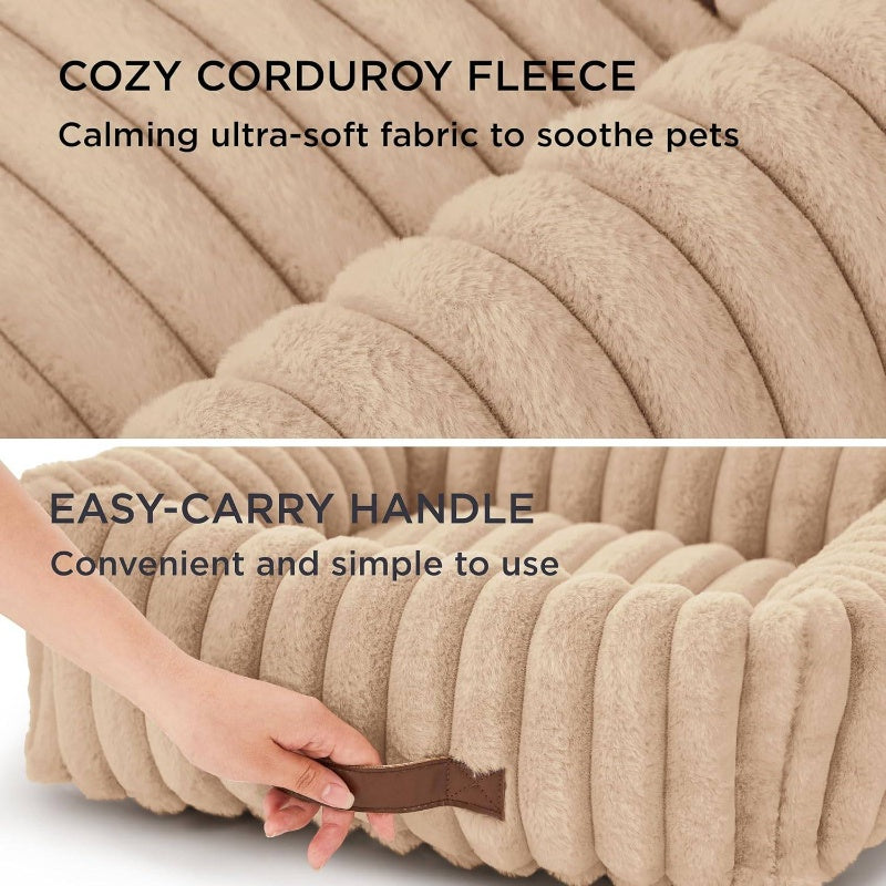 Cute Dog Bed Small Medium Dogs | Washable Furry Puppy Beds, Rectangle Orthopedic Corduroy Fleece Pet Beds with Removable Zipper Cover, 25x21x7 inches, Sandy Beige