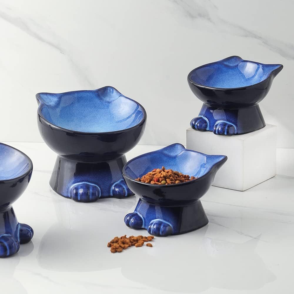 Elevated Cat\Dog Bowls Set: 5 Inch Ceramic Raised Cat Food and Water Bowl Set for Protecting Pet'S Spine- Feeding& Watering Supplies for Pets- Elegant Blue& Black (2pcs)