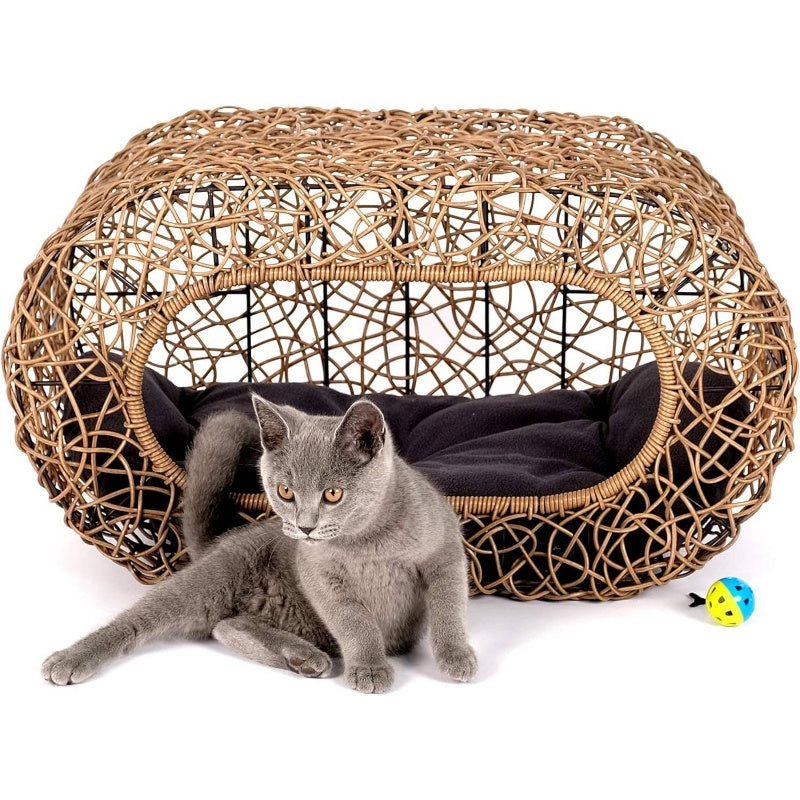 Fun Stackable Cat Condo House - Interactive Faux Rattan Design with Enclosed Bed & Pet-Friendly Top Entry, Multi-Level Indoor Cat Shelter, Space-Saving Stackable Habitat for Small Spaces, No Assembly Required, Durable & Safe for Kittens & Adult Cats