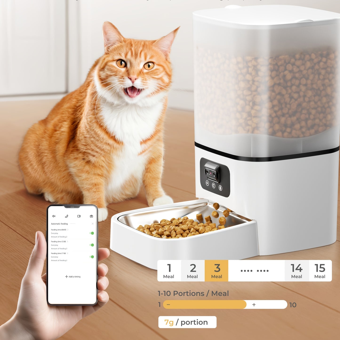 1.59gal Automatic Cat and Dog Feeder with Camera | Large Capacity, Adjustable Camera, HD Night Vision, Two-way Audio, Remote APP Control, Dual Power, Easy-to-Clean Stainless Steel Bowl, Wi-Fi Function, Without Battery