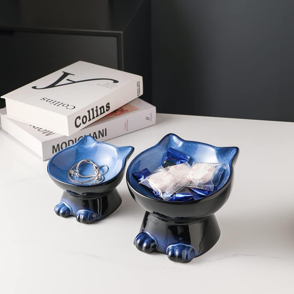 Elevated Cat\Dog Bowls Set: 5 Inch Ceramic Raised Cat Food and Water Bowl Set for Protecting Pet'S Spine- Feeding& Watering Supplies for Pets- Elegant Blue& Black (2pcs)