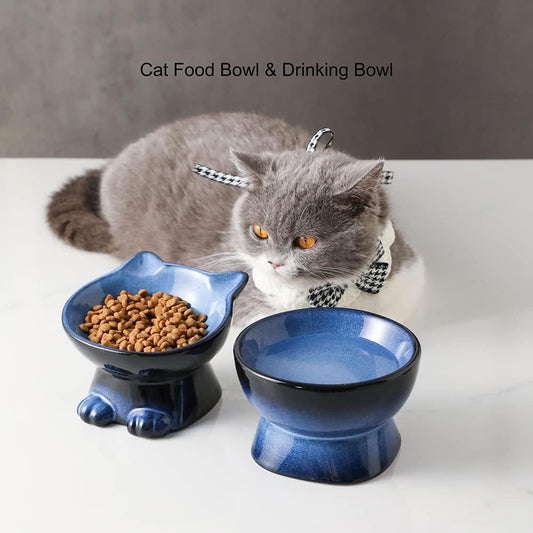 Elevated Cat\Dog Bowls Set: 5 Inch Ceramic Raised Cat Food and Water Bowl Set for Protecting Pet'S Spine- Feeding& Watering Supplies for Pets- Elegant Blue& Black (2pcs)