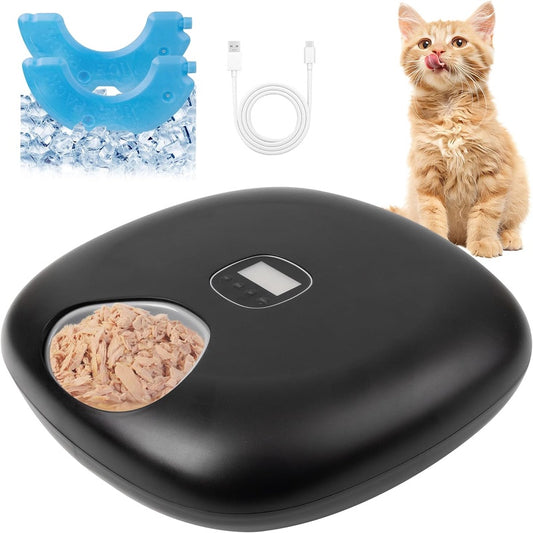 PetPrime 6 - Meal Auto Cat Feeder 2 Ice Packs, Cordless Rechargeable, for Cats Small Dogs Wet Food Dispenser Black