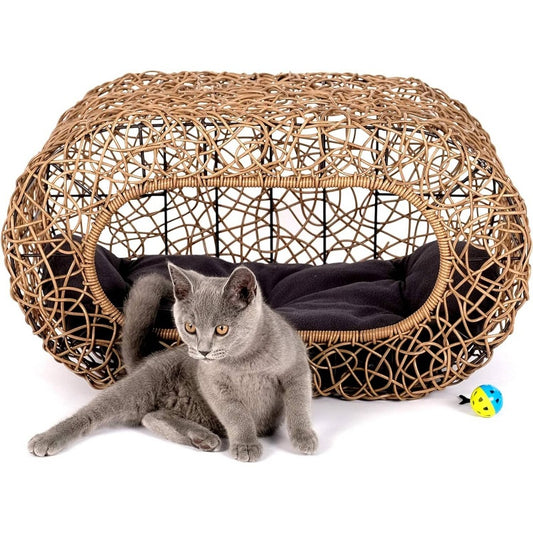 Fun Stackable Cat Condo House - Interactive Faux Rattan Design with Enclosed Bed & Pet-Friendly Top Entry, Multi-Level Indoor Cat Shelter, Space-Saving Stackable Habitat for Small Spaces, No Assembly Required, Durable & Safe for Kittens & Adult Cats