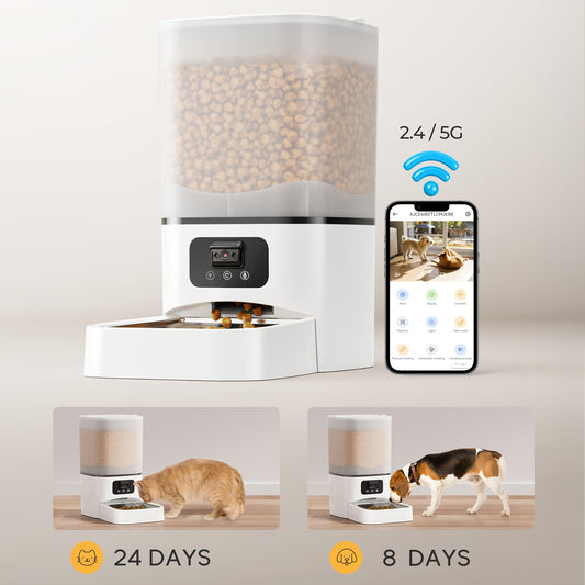 1.59gal Automatic Cat and Dog Feeder with Camera | Large Capacity, Adjustable Camera, HD Night Vision, Two-way Audio, Remote APP Control, Dual Power, Easy-to-Clean Stainless Steel Bowl, Wi-Fi Function, Without Battery