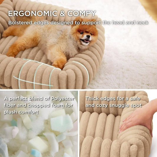 Cute Dog Bed Small Medium Dogs | Washable Furry Puppy Beds, Rectangle Orthopedic Corduroy Fleece Pet Beds with Removable Zipper Cover, 25x21x7 inches, Sandy Beige