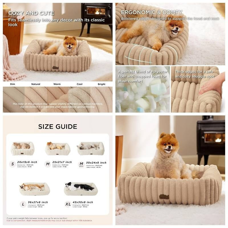 Cute Dog Bed Small Medium Dogs | Washable Furry Puppy Beds, Rectangle Orthopedic Corduroy Fleece Pet Beds with Removable Zipper Cover, 25x21x7 inches, Sandy Beige