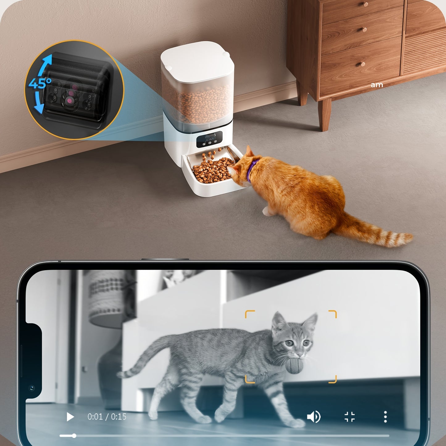 1.59gal Automatic Cat and Dog Feeder with Camera | Large Capacity, Adjustable Camera, HD Night Vision, Two-way Audio, Remote APP Control, Dual Power, Easy-to-Clean Stainless Steel Bowl, Wi-Fi Function, Without Battery