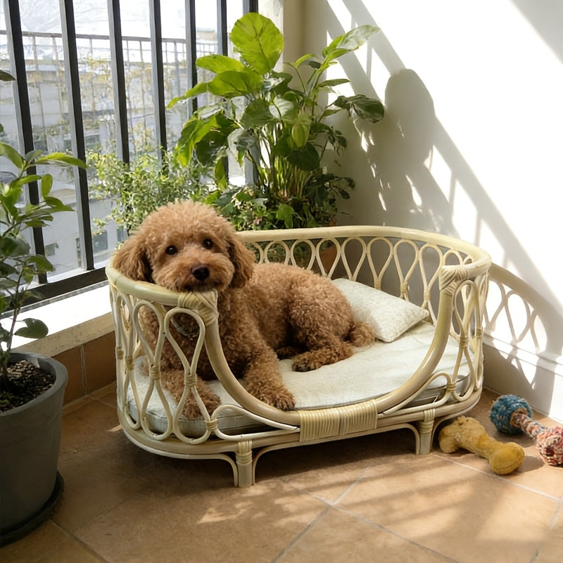 Small and Medium-Sized Rattan Dog Bed | Suitable for All Seasons, Handmade Natural Plant Rattan, Ideal for Teddy Bears, Bichon, Shiba Inu, and Other Small Dogs