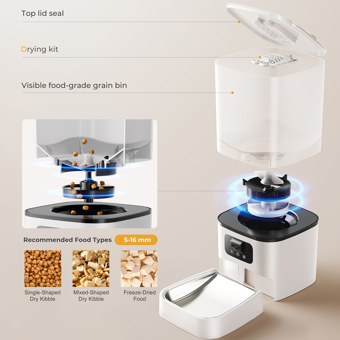 1.59gal Automatic Cat and Dog Feeder with Camera | Large Capacity, Adjustable Camera, HD Night Vision, Two-way Audio, Remote APP Control, Dual Power, Easy-to-Clean Stainless Steel Bowl, Wi-Fi Function, Without Battery