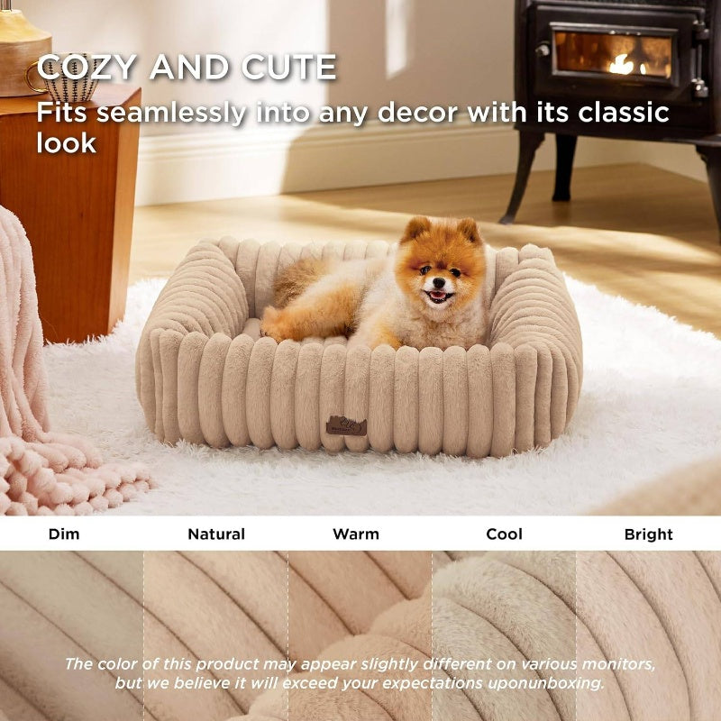 Cute Dog Bed Small Medium Dogs | Washable Furry Puppy Beds, Rectangle Orthopedic Corduroy Fleece Pet Beds with Removable Zipper Cover, 25x21x7 inches, Sandy Beige