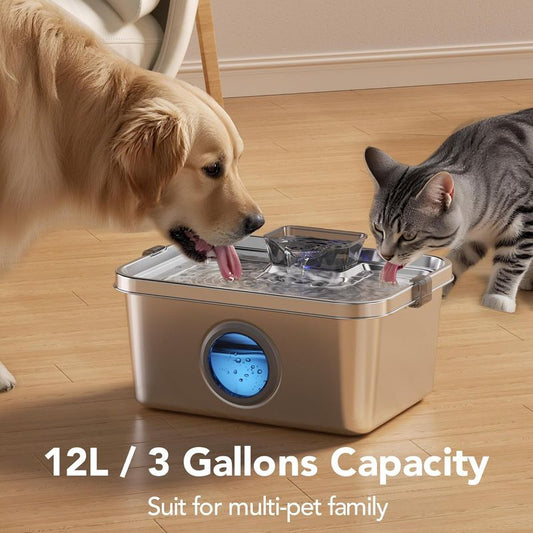 3-Gallon Large Pet Water Fountain for Dogs & Cats - Stainless Steel Drinking Fountain with Smart Pump, 4-Stage Filtration System, Ultra-Silent Operation, Safety Lock & -Tip - for Multi-Pet Households (Dog & Cat Use)
