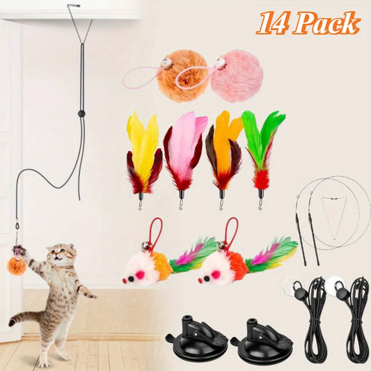14pcs Cat Plush Interactive Toys Kicking Toys Cat Stick Toys for Indoor Cats, Self-adhesive Suction Base Removable 10pcs Replacement Parts 2 Sticks Hanging Door Kitten Toys High-quality Materials Suitable for Most Cats to Play