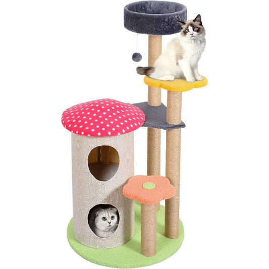 42.9in Flower Cat Tree Cute Cat Tower with Sisal Scratching Posts for Small Indoor Cats Mushroom Modern Cat Condo for Kittens Red, Kitten Play Area, Pet Furniture, Playful Pet Design, Stylish Pet Decor, Durable Scratching Posts, Petsafe Materials