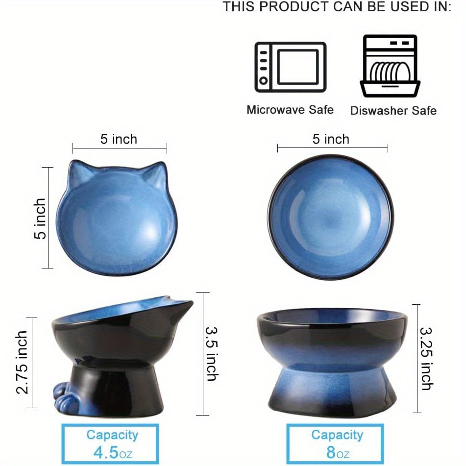Elevated Cat\Dog Bowls Set: 5 Inch Ceramic Raised Cat Food and Water Bowl Set for Protecting Pet'S Spine- Feeding& Watering Supplies for Pets- Elegant Blue& Black (2pcs)