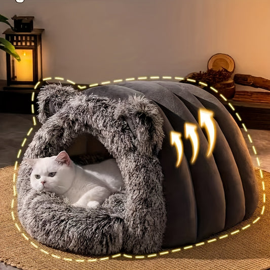 Winter Warm Velvet Pet Bed for Small Cats & Dogs - Thickened Windproof Cozy Cat House, Light Beige-Friendly Cold-Resistant Nest for Kittens and Puppies, Compact for home use